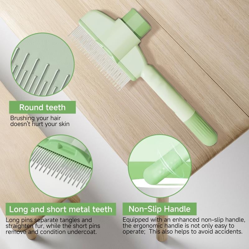 Self-Cleaning Pet Comb for Cats & Dogs - Dual-Length Stainless Steel Teeth Comb, Flea & Shedding Comb with Release Button | Detangling Brush, Dematting Tool, Grooming Brush for Healthy Coat